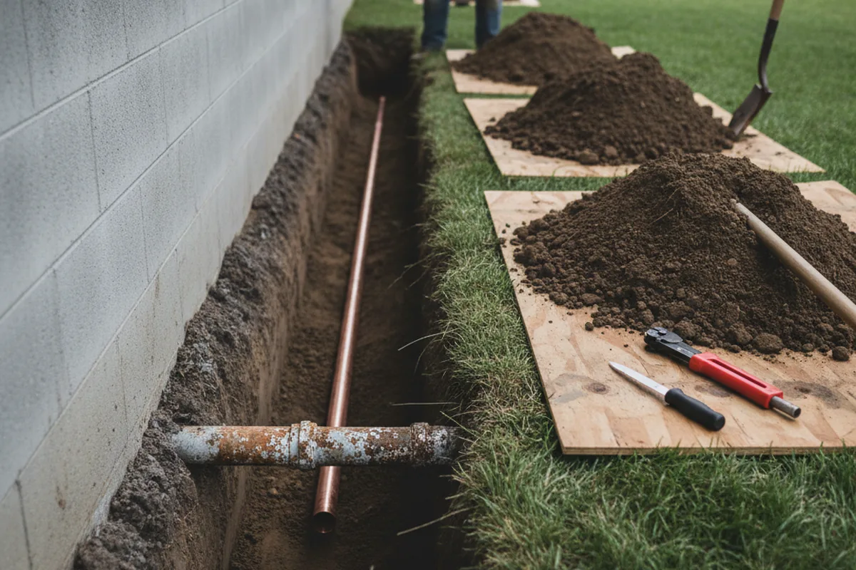 Excavated water line trench during Water Heater Repair in Cornelia